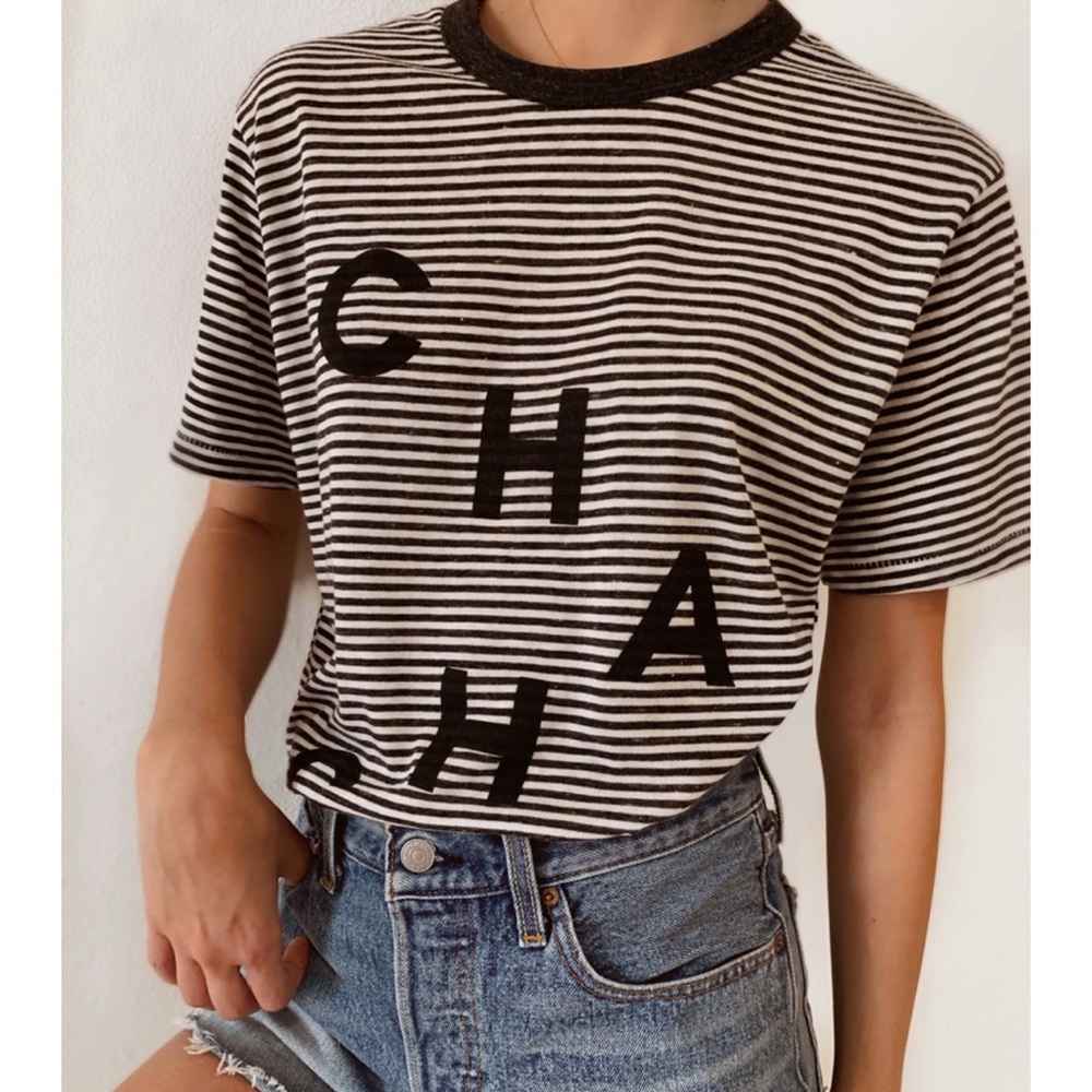 Striped Black & White 'CHA' Short Sleeve Tee